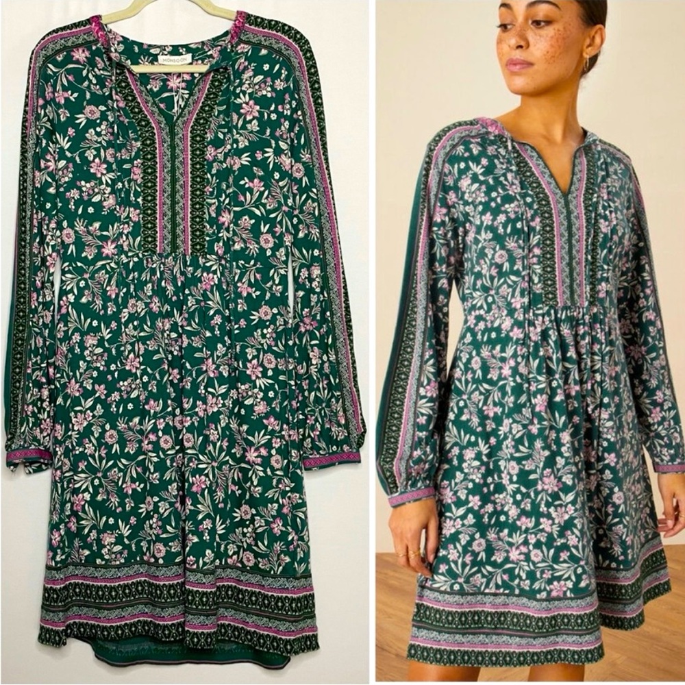 NWT Monsoon boho floral print beaded long sleeve peasant dress, size small